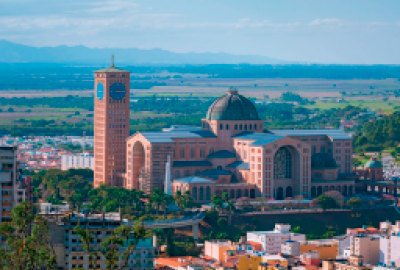 Imagem: Fotografia. Vista aérea de uma construção grande com paredes marrons, uma torre com um relógio na lateral e uma abóboda no meio. Ao redor há construções e árvores.  Fim da imagem.