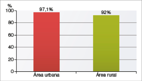 Imagem: Gráfico de colunas. Brasil: porcentagem de domicílios com aparelho de televisão (2018). No eixo vertical, a porcentagem e no eixo horizontal, a área.  Área urbana: 97,1%; Área rural: 92%.  Fim da imagem.