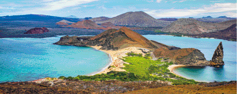 Imagem: Fotografia. Vista aérea de um lago com água azul e no meio há uma porção de terra com grama verde. Ao fundo, morros marrons. Fim da imagem.