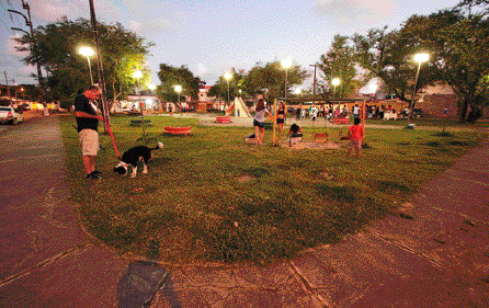 Imagem: Fotografia. Crianças brincando em uma praça. Em volta há adultos e cachorros. Ao fundo, árvores e postes acesos. Fim da imagem.