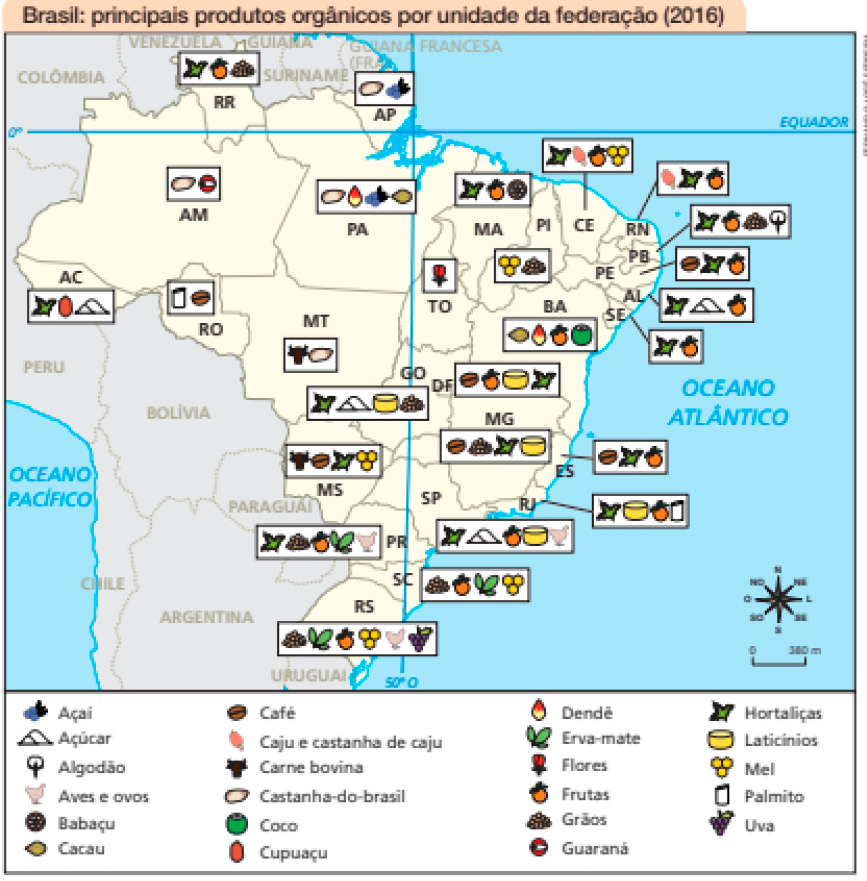 Imagem: Mapa. Brasil: principais produtos orgânicos por unidade da federação (2016).  AC: hortaliças, cupuaçu e açúcar.  RO: palmito e café.  AM: castanha-do-brasil e guaraná.  RR: hortaliças, frutas e grãos.  AP: castanha-do-brasil e açaí.  PA: castanha-do-brasil, dendê, açaí e cacau.  MT: carne bovina e castanha-do-brasil.  MS: carne bovina, café, hortaliças e mel.  TO: flores.  MA: hortaliças, frutas e babaçu.  PI: mel e grãos.  CE: hortaliças, caju e castanha de caju, frutas e mel.  RN: caju e castanha de caju, hortaliças e frutas.  PB: hortaliças, frutas, grãos e algodão.  PE: café, hortaliças e frutas.  AL: hortaliças, açúcar e frutas.  SE: hortaliças e frutas.  BA: cacau, dendê, frutas e coco.  GO: hortaliças, açúcar, laticínios e grãos.  DF: café, frutas, laticínios e hortaliças.  MG: café, grãos, hortaliças e laticínios.  ES: café, hortaliças e frutas.  RJ: hortaliças, laticínios, frutas e palmito.  SP: hortaliças, açúcar, frutas, laticínios e aves e ovos.  PR: hortaliças, grãos, frutas, erva-mate e aves e ovos.  SC: grãos, frutas, erva-mate e mel.  RS: grãos, erva-mate, frutas, mel, aves e ovos e uva.  No canto inferior direito, a rosa dos ventos e a escala de 0 a 380 km.  Fim da imagem.