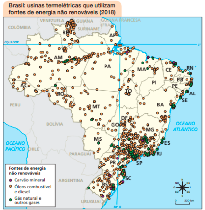 Imagem: Mapa. Brasil: usinas termelétricas que utilizam fontes de energia não renováveis (2018). Fontes de energia não renováveis:  Carvão mineral: pouca concentração na região Sul.  Óleos combustível e diesel: grande concentração nas regiões Sudeste e Sul e menor concentração nas regiões Norte, Centro-Oeste e Nordeste.  Gás natural e outros gases: grande concentração na região Sudeste. Pouca concentração nas regiões Norte, Nordeste e Sul. No canto inferior direito, a rosa dos ventos e a escala de 0 a 320 km.  Fim da imagem.