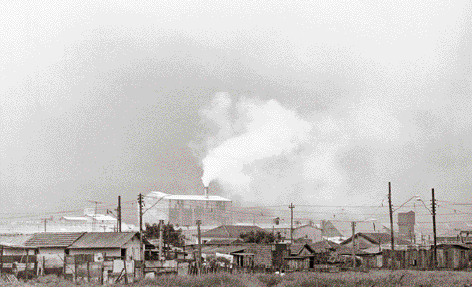 Imagem: 1982 - A condição de poluição do ar em Cubatão era tão grave que a cidade passou a ser conhecida como “Vale da Morte”.  Fotografia em preto e branco. Uma fábrica com chaminé expelindo fumaça. Ao redor há casas, árvores e postes.  LEGENDA: Emissão de poluentes no ar por indústrias no município de Cubatão, no estado de São Paulo. Foto de 1984. FIM DA LEGENDA.   Fim da imagem.