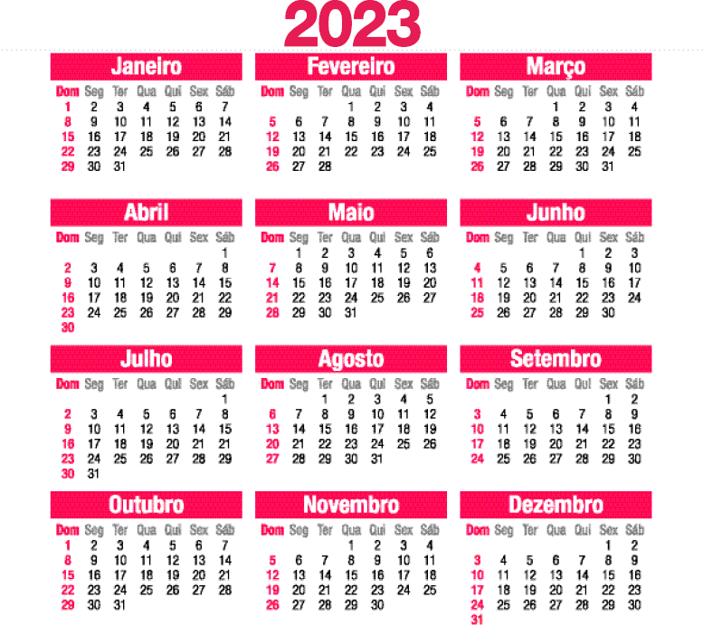 Imagem: Ilustração. Calendário de 2023 com todos os meses do ano. Fim da imagem.