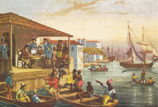 Imagem: Pintura. No centro há homens brancos e negros dentro de dois barcos. Ao lado há uma construção de madeira e dois homens brancos estão sentados. Ao lado deles há um menino negro em pé e dois soldados uniformizados observando. Do outro lado há um homem branco em pé e dois homens negros atrás dele. Ao fundo, barcos e navios no mar.   Fim da imagem.