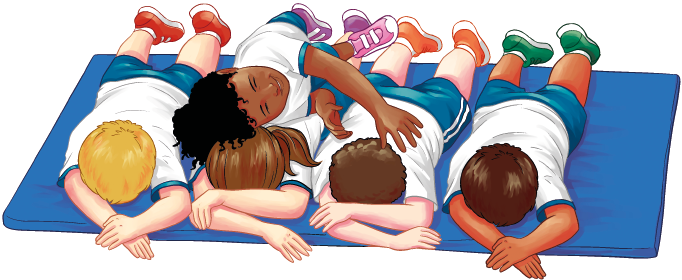 Imagem: Ilustração. Quatro crianças uniformizadas deitadas de bruços sobre um colchonete. Sobre elas, uma menina uniformizada com cabelos presos está rolando. Fim da imagem.