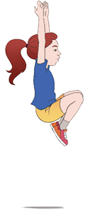 Imagem: Ilustração. Uma menina com cabelos castanhos, preso em um rabo de cavalo, usando uma camiseta azul, short amarelo e tênis. Ela está com os braços estendidos para cima, os joelhos flexionados próximo ao tronco e os pés no ar. Fim da imagem.