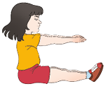 Imagem: Ilustração. Uma menina com cabelos pretos e lisos na altura do ombro, usando uma blusa laranja, short vermelho e tênis. Ela está com os braços esticados para frente, pernas esticadas para frente com os pés no ar. Fim da imagem.