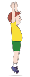Imagem:  Ilustração. Um menino com cabelos castanhos usando camiseta amarela, short verde e tênis. Ele está em pé com os braços estendidos para cima com as pernas esticadas e os pés no ar.  Fim da imagem.
