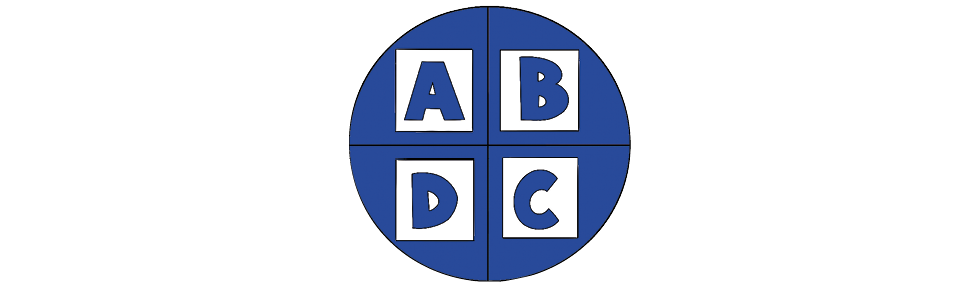 Imagem: Ilustração. Um círculo azul dividido em quatro partes, cada parte com uma letra, sendo elas: “A”, “B”, “C”, “D”. Fim da imagem.