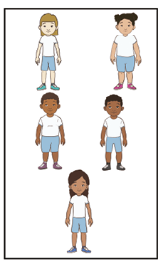 Imagem: Ilustração. Cinco crianças uniformizadas, sendo uma na frente, duas atrás e mais duas atrás e abertas, fazendo o desenho da letra “V”. Fim da imagem.
