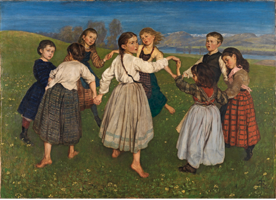 Imagem: Pintura. Crianças, com os pés descalços, de mãos dadas fazendo uma roda em um campo verde com flores. No fundo, um rio e montanhas. Fim da imagem.