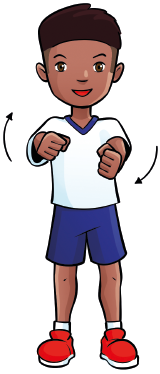 Imagem: Ilustração. Um menino negro com cabelos curtos, uniformizado. Ele está com os dois braços esticados para frente. Ao lado das mãos, há duas setas indicando um movimento circular. Fim da imagem.