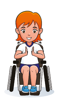 Imagem: Ilustração. Uma menina com cabelos laranja, uniformizada, sentada em uma cadeira de rodas. Ela está com as mãos próximas. Fim da imagem.
