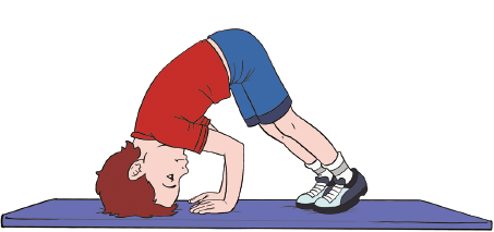 Imagem: Ilustração. Um menino com cabelos castanhos, usando camiseta vermelha, short azul e tênis. Ele está com as mãos, os pés e a cabeça apoiados no colchonete, com o quadril para cima.  Fim da imagem.