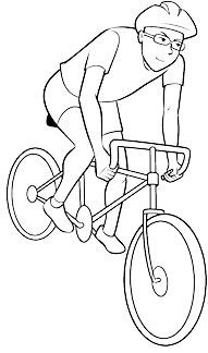 Imagem: Ilustração. Um homem, usando capacete, óculos, camiseta e short, sobre uma bicicleta.  Fim da imagem.