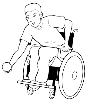 Imagem: Ilustração. Um homem usando camiseta e calça, sentado em uma cadeira de rodas segurando uma bola nas mãos.  Fim da imagem.