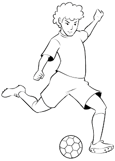 Imagem: Ilustração. Um menino com cabelos cacheados usando camiseta, short e chuteira. Ele está em pé com o joelho esquerdo flexionado com o pé para trás na direção de uma bola de futebol.  Fim da imagem.