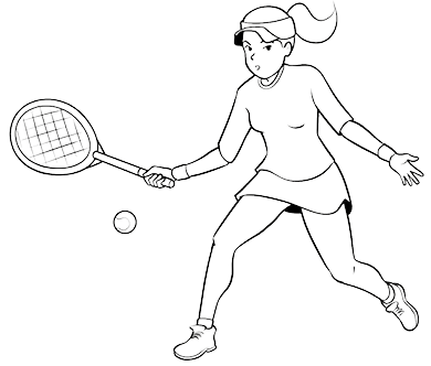 Imagem: Ilustração. Uma mulher com cabelos presos em um rabo de cavalo, usando um vestido. Ela segura uma raquete com a mão esquerda na direção da bola.  Fim da imagem.