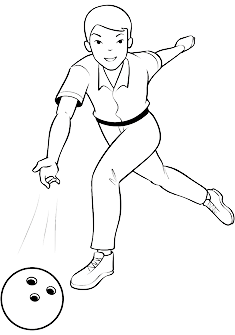 Imagem: Ilustração. Um homem usando camisa e calça. Ele está inclinado com a mão esquerda estendida para frente na direção de uma bola de boliche.  Fim da imagem.