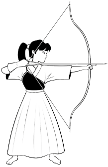 Imagem: Ilustração. Uma mulher usando um quimono segurando um arco e flecha com as mãos.  Fim da imagem.