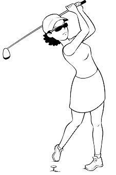 Imagem: Ilustração. Uma mulher com cabelos curtos na altura do pescoço, usando boné, regata e saia. Ela segura com as duas mãos um bastão de golfe.   Fim da imagem.