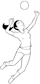 Imagem: Ilustração. Uma menina com cabelos pretos presos em um rabo de cavalo, usando camiseta e short. Ela está saltando com o cotovelo esquerdo flexionado, com a palma da mão na direção da bola que está no ar.   Fim da imagem.