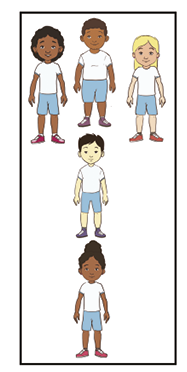 Imagem: Ilustração. Cinco crianças uniformizadas sendo que três estão em uma fila vertical e mais duas crianças em uma fila lateral no fundo. Fim da imagem.