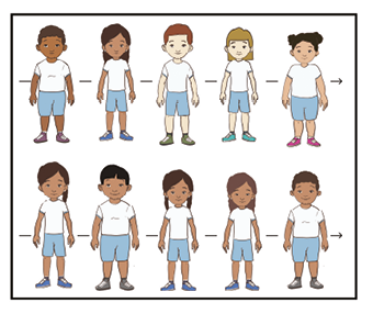 Imagem: Ilustração. Dez crianças uniformizadas em duas fileiras laterais paralelas. Fim da imagem.