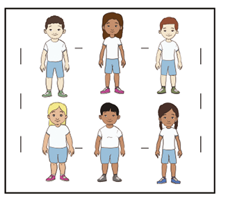 Imagem: Ilustração. Seis crianças uniformizadas em duas filas laterais paralelas.  Fim da imagem.