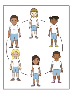 Imagem: Ilustração. Seis crianças uniformizadas em um círculo. Fim da imagem.