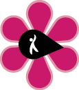 Imagem: Ilustração de uma flor com seis pétalas rosa e um miolo preto em formato de gota, onde há a silhueta em branco de uma pessoa com o braço levantado. Fim da imagem.