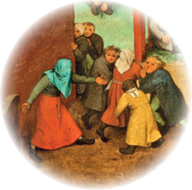 Pintura. À esquerda uma mulher com um pano na cabeça cobrindo os olhos, com o braço direito estendido na direção de um grupo de pessoas que correm. 