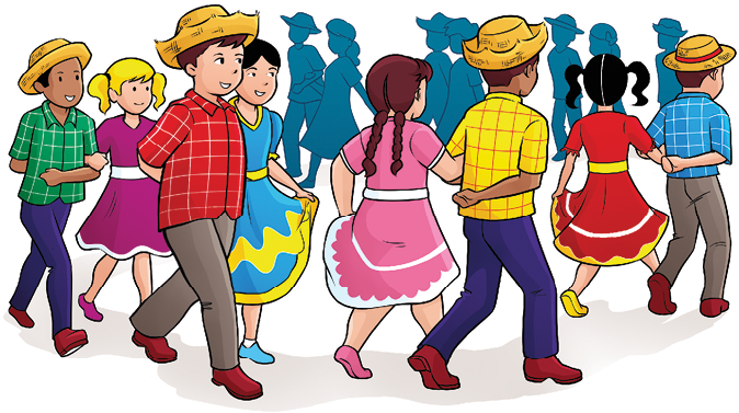 Imagem: Ilustração. Casais de crianças, com os meninos usando blusa xadrez, chapéu de palha e calça, e as meninas usando vestidos e maria-chiquinha. Cada casal está de braços dados, os meninos com uma mão nas costas e as meninas com a mão na saia, em uma fileira fazendo um círculo. Fim da imagem.