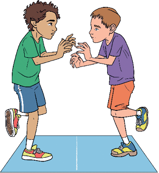 Imagem: Ilustração. Dois meninos, um de frente para o outro com apenas um pé apoiando o chão com as mãos estendidas para frente, entre eles uma linha branca.  Fim da imagem.