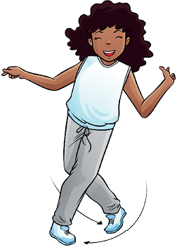 Imagem: Ilustração. Dança de rua: passos básicos. Uma menina com cabelos cacheados, usando camiseta regata e calça cinza, ela está com a perna direita na frente e a perna esquerda atrás. Uma seta indica o movimento de frente e trás dos pés. Fim da imagem.