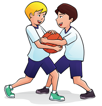 Imagem: Ilustração. Dois meninos uniformizados, segurando a mesma bola com as mãos em uma disputa.  Fim da imagem.