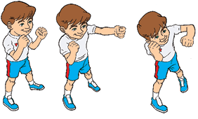 Imagem: Esquema. Movimentos realizados por boxeadores composto por ilustração de crianças uniformizadas, sendo: Um menino exemplifica em três movimentos um Cruzado: 1. Ele está em pé com as pernas afastadas, com os punhos fechados e cotovelos flexionados com os braços para cima, próximo ao rosto. 2. O braço direito está estendido para frente com o punho fechado e o braço esquerdo permanece flexionado. 3. Ele está com o corpo inclinado para esquerda com o cotovelo direito flexionado, com o braço virado de lado. Ao lado, uma menina exemplifica em três movimentos de Direto.  Fim da imagem.
