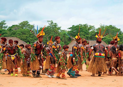 Imagem: Fotografia. Um grupo de indígenas com o corpo pintado, cocar na cabeça, saia de palha.  Fim da imagem.