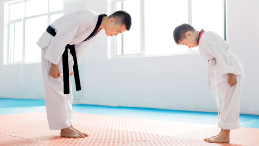 Imagem: Fotografia. Saudação no taekwondo. Um homem e um menino usando quimono. Eles estão um de frente para o outro, com os punhos fechados próximo à coxa, com a cabeça e o tronco bem inclinado.  Fim da imagem.