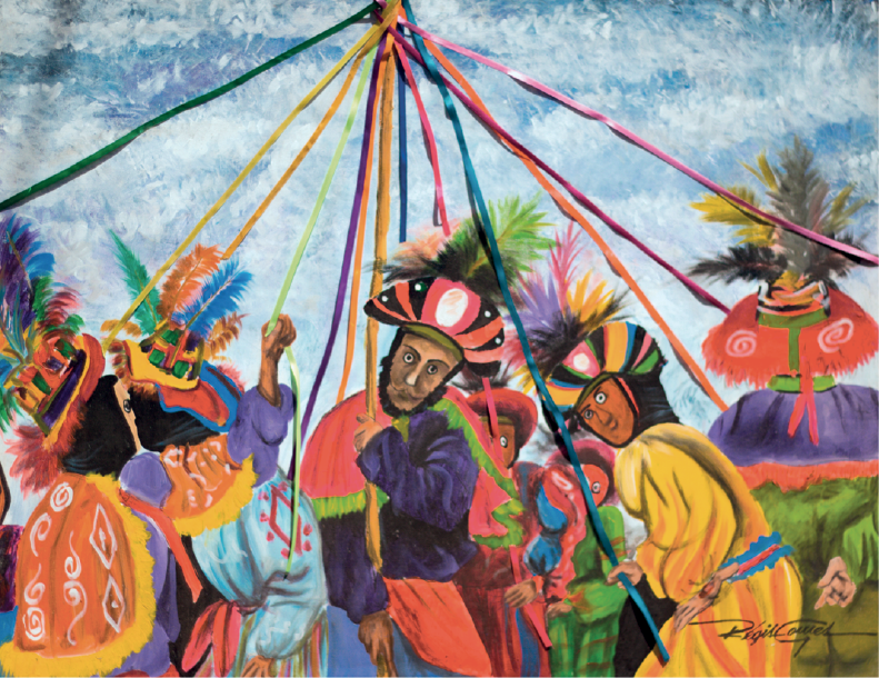 Imagem: Pintura. Pessoas usando roupas coloridas e máscaras coloridas, segurando uma fita que está presa ao pau. As fitas fazem um círculo que se entrelaçam no pau. Fim da imagem.