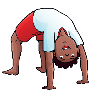 Imagem: Ilustração. Um menino negro com cabelos pretos, usando camiseta branca e short vermelho, exemplificando a Ponte. Ele está com as mãos e os pés apoiados no chão com o tronco fazendo um arco com o umbigo voltado para cima. Fim da imagem.