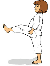 Imagem: Esquema. Crianças usando quimono exemplificando os seguintes movimentos: Mae gueri keague: uma menina com cabelo na altura do pescoço, com a perna esquerda apoiada no chão e a perna direita estendida para frente com joelho flexionado.  Fim da imagem.