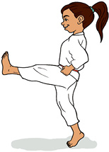 Imagem: Mae gueri kekome: uma menina com cabelos presos, com a perna esquerda apoiada no chão e a perna direita estendida para frente.  Fim da imagem.