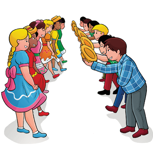 Imagem: Ilustração. Uma fileira de meninas de frente de uma fileira de meninos. As meninas estão segurando a saia com as mãos, as pernas estão afastadas. Elas sorriem. Os meninos estão com tronco inclinado segurando o chapéu com a mão. Eles sorriem  Fim da imagem.