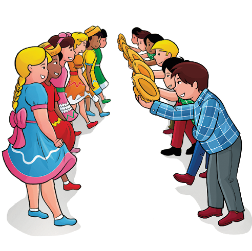 Imagem: Ilustração. Uma fileira de meninas de frente de uma fileira de meninos. As meninas estão segurando a saia com as mãos, as pernas estão afastadas. Elas sorriem. Os meninos estão com tronco inclinado segurando o chapéu com a mão. Eles sorriem Fim da imagem.