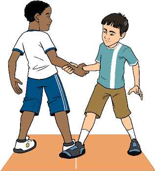 Imagem: Ilustração. Dois meninos, um de frente para o outro com as mãos esquerdas estreladas, com os pés esquerdos sobre a linha no chão. Fim da imagem.