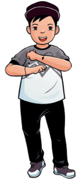 Imagem: Ilustração. Giro de braços na frente do corpo. Um menino usando camiseta cinza e calça preta. Ele está com os cotovelos flexionados e um braço sobre o outro. Uma seta indica o movimento de rotação das mãos. Fim da imagem.