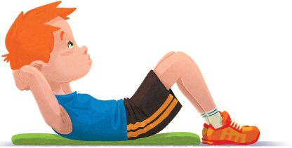 Imagem: Ilustração. Figura 2. Abdominais. Um menino com camiseta azul, short e tênis. Ele está com as costas apoiadas em um colchonete, os pés apoiados no chão, com as mãos atrás da cabeça, fazendo uma flexão da cervical.  Fim da imagem.