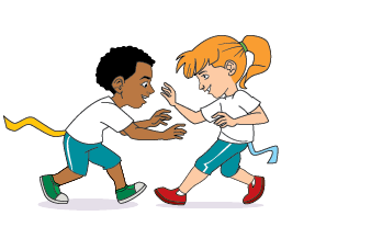 Imagem: Ilustração. Duas crianças uniformizadas, com fitas coloridas presas no short. Eles estão de pé, de frente um para o outro com as mãos estendidas para frente.  Fim da imagem.